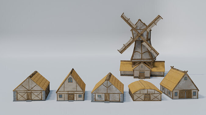 Medieval Stylized Village Pack  Windmill  Houses Low-poly 3D model 2