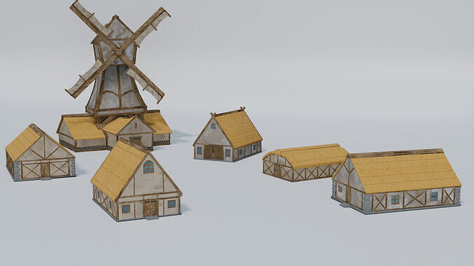 Medieval Stylized Village Pack  Windmill  Houses Low-poly 3D model 3