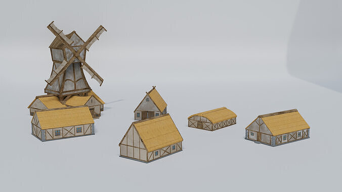 Medieval Stylized Village Pack  Windmill  Houses Low-poly 3D model 6
