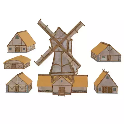 Medieval Stylized Village Pack  Windmill  Houses