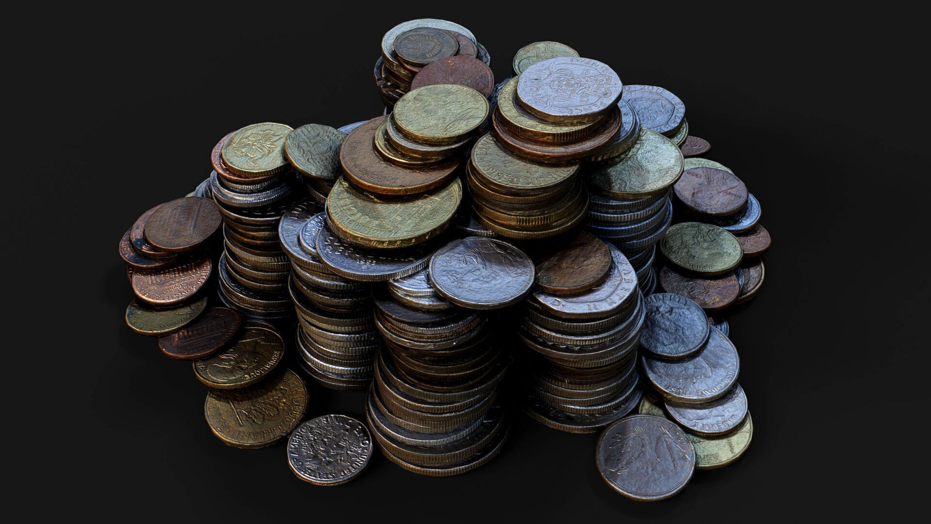 coins pile silver copper old types pt5 PBR photogrammetry Low-poly 3D model_1
