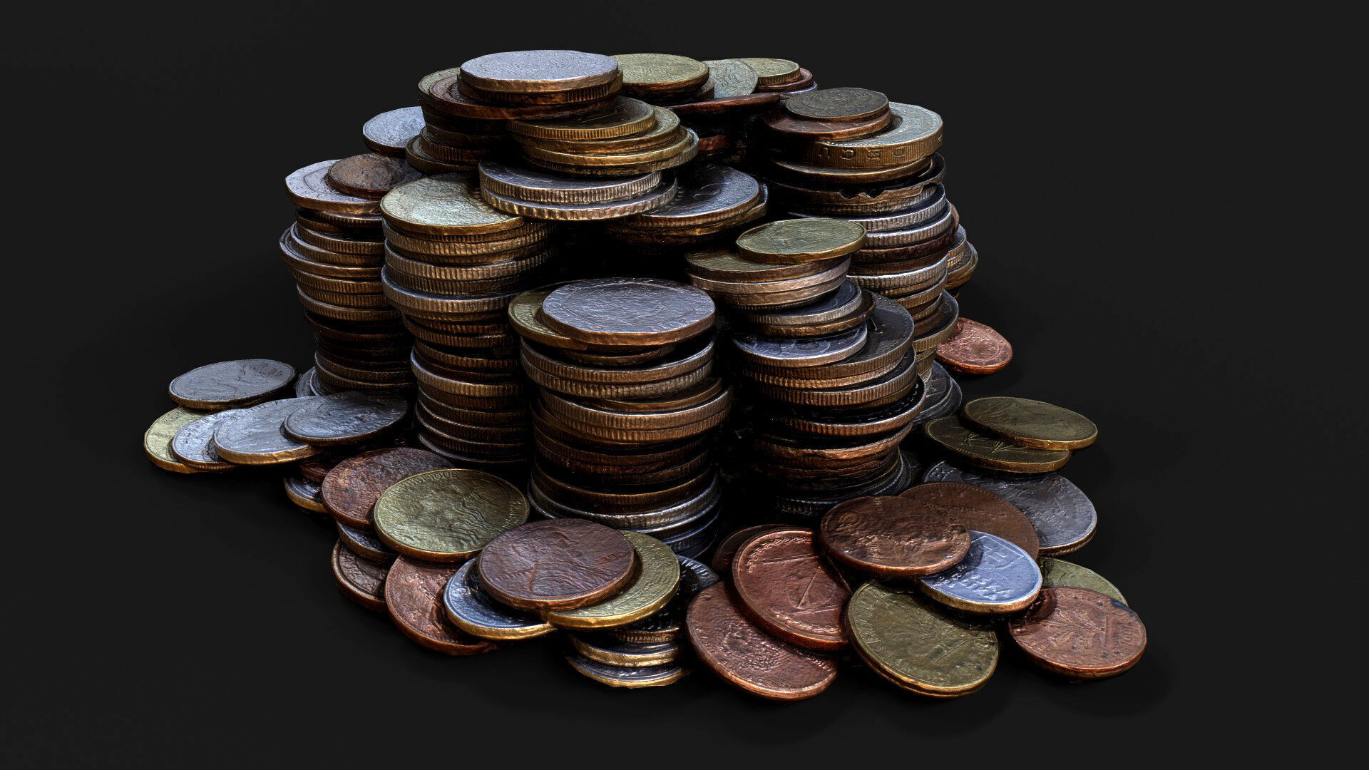 coins pile silver copper old types pt5 PBR photogrammetry Low-poly 3D model_5