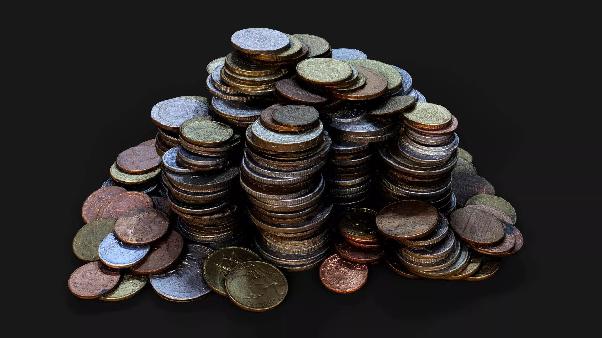 coins pile silver copper old types pt5 PBR photogrammetry Low-poly 3D model_0