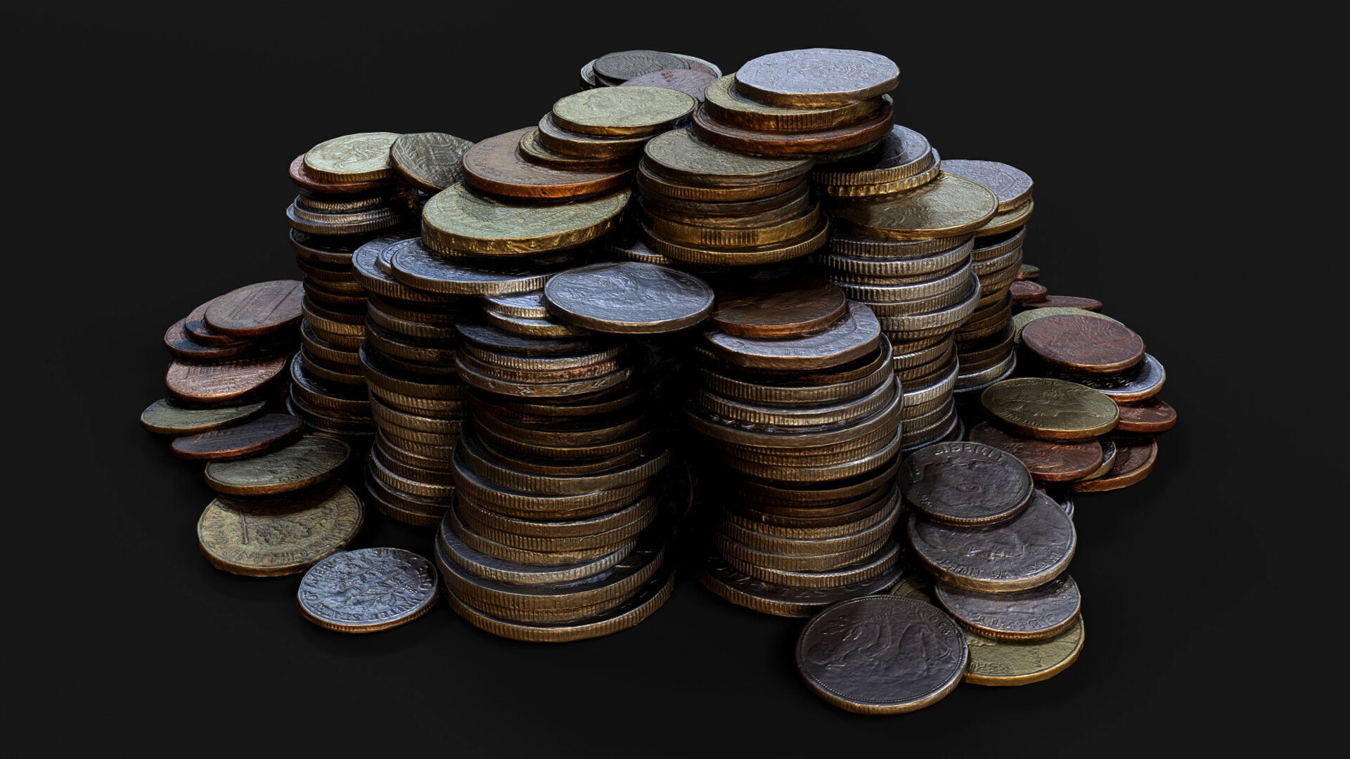coins pile silver copper old types pt5 PBR photogrammetry Low-poly 3D model_2