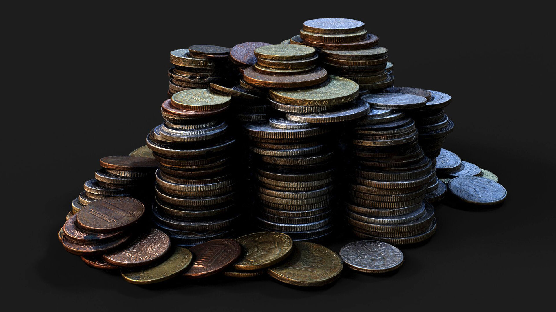coins pile silver copper old types pt5 PBR photogrammetry Low-poly 3D model_4