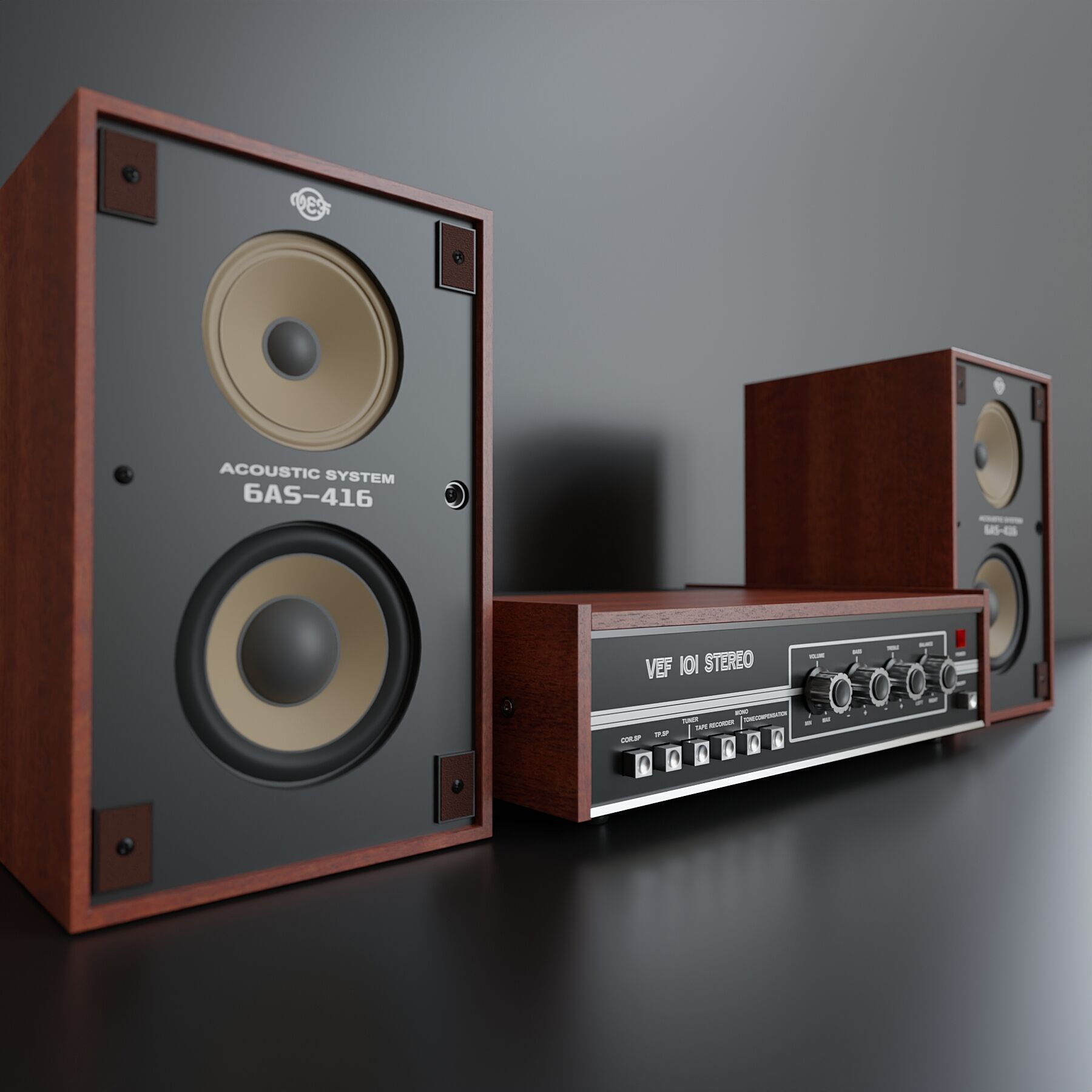 Latvian Vintage Amplifier with Speakers 3D model_3