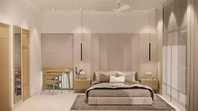 Japandi Bedroom Minimalist Zen in Beige Neutrals 3D model