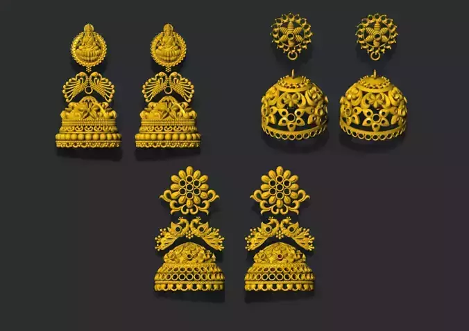 Traditional Gold Jhumka Earring Combo Set 3D print model