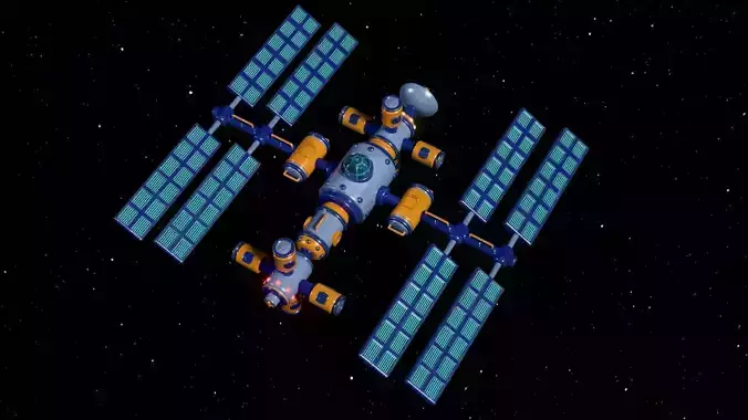 Stylized cartoon space orbital station