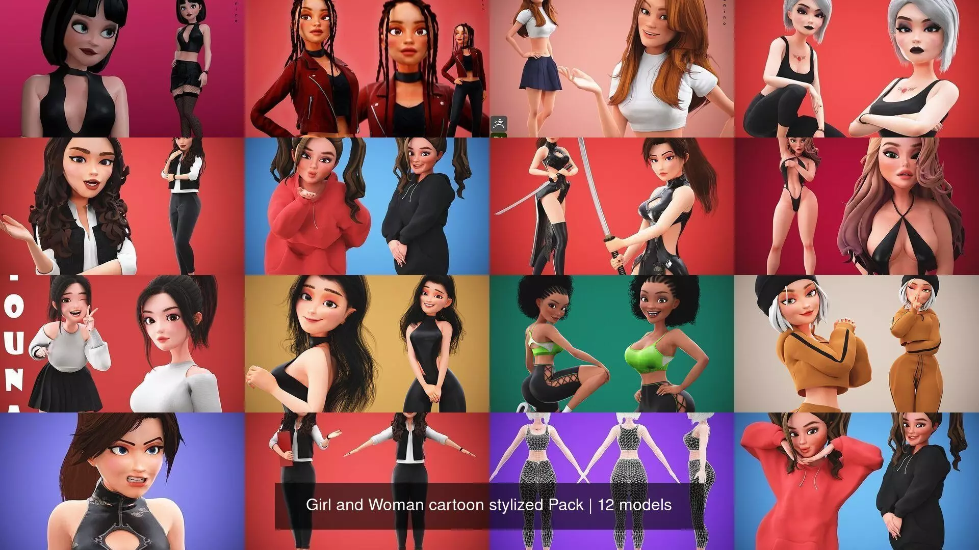 Girl and Woman cartoon stylized Pack 3D Model Collection_0