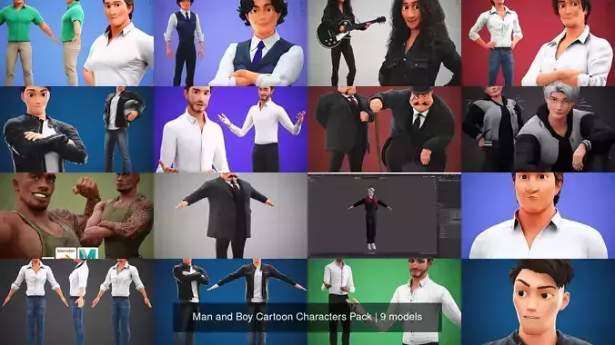 Man and Boy Cartoon Characters Pack 3D Model Collection