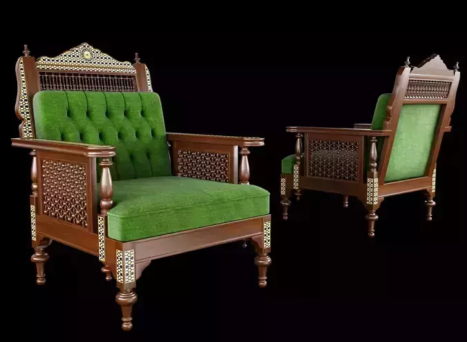 Syrian Style Inlaid and Upholstered Walnut Armchairs