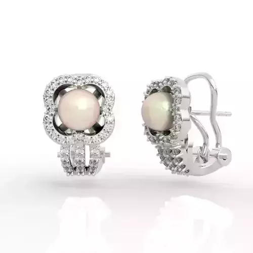 Flower Pearl and Diamond Stud Earrings