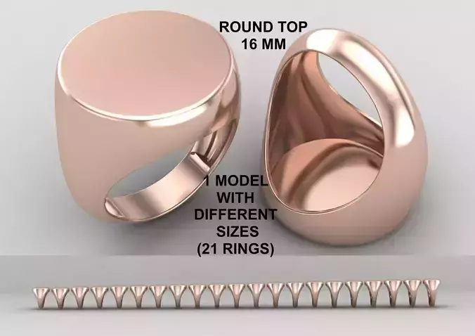 Round Signet Ring Base 16MM top in All sizes 173-MWC 3D print model