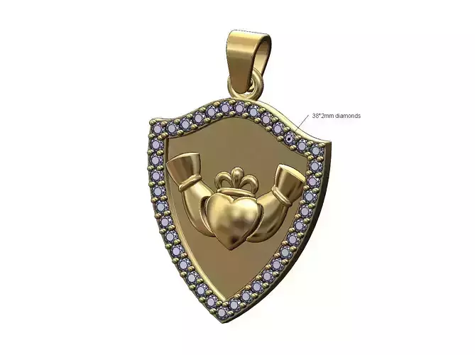 Diamond shield Gladdagh heart crown pendant with bail