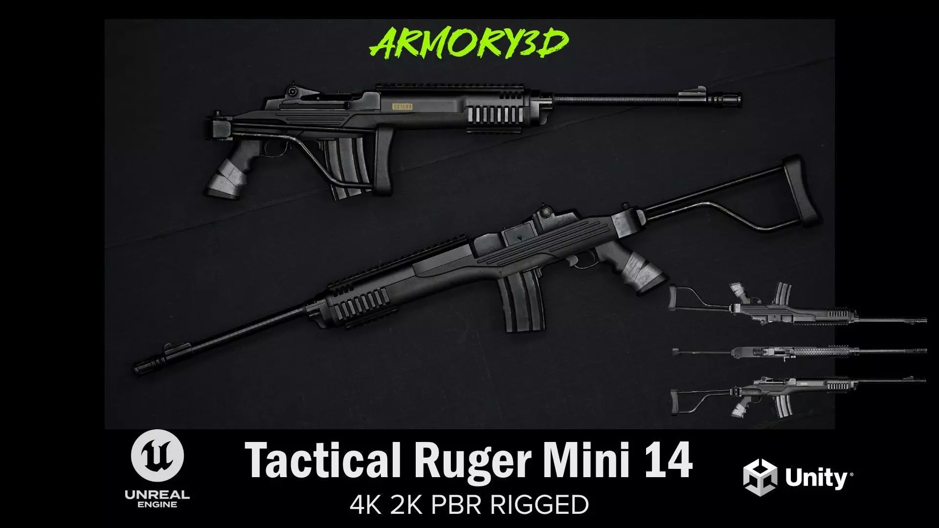 Game Ready Tactical Ruger Mini 14 PBR Rigged Low-poly 3D model_0