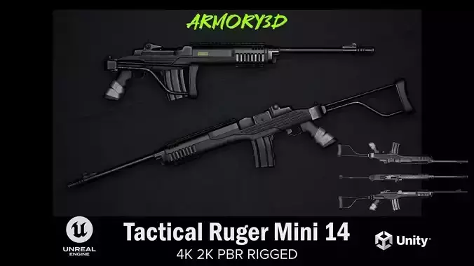 Game Ready Tactical Ruger Mini 14 PBR Rigged Low-poly 3D model