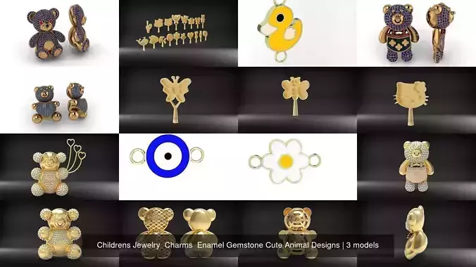 Childrens Jewelry  Charms  Enamel Gemstone Cute Animal Designs 3D Model Collection