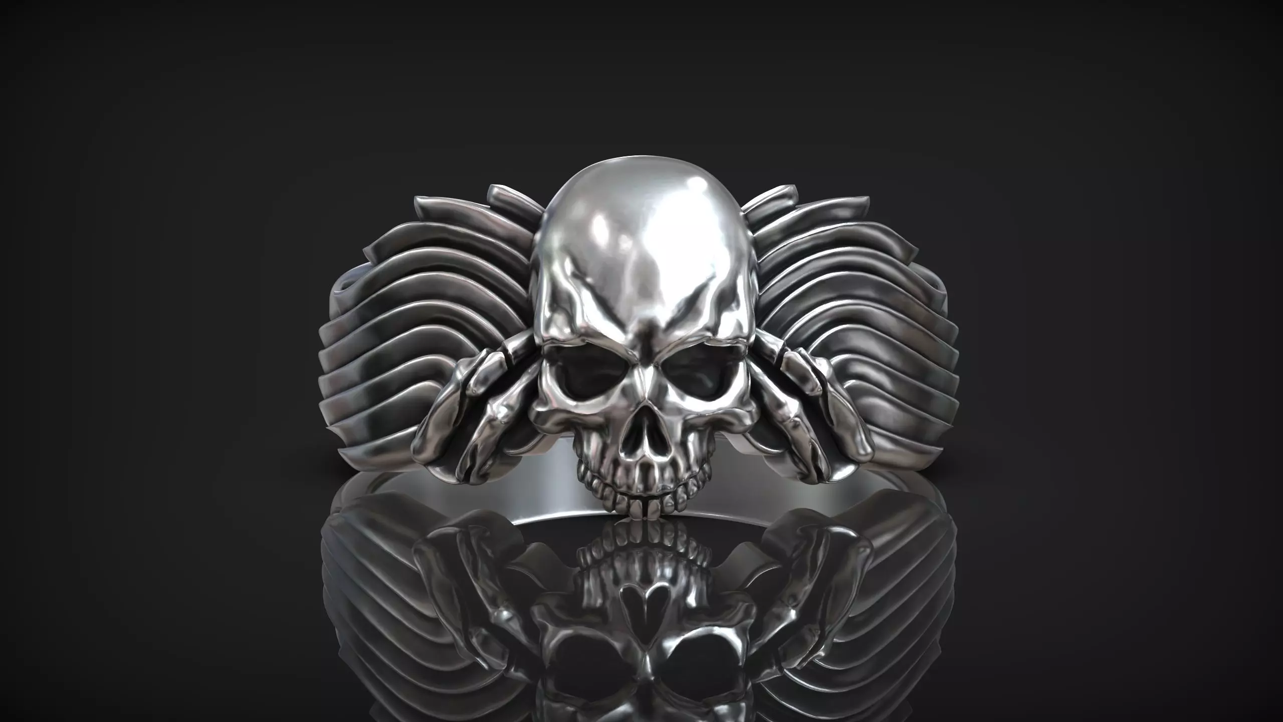 Gothic Skull Head Ring with Wings Jewelry Design 3D print model