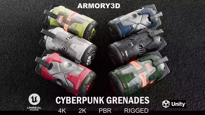 GAME READY CYBERPUNK GRENADES PBR RIGGED Low-poly 3D model