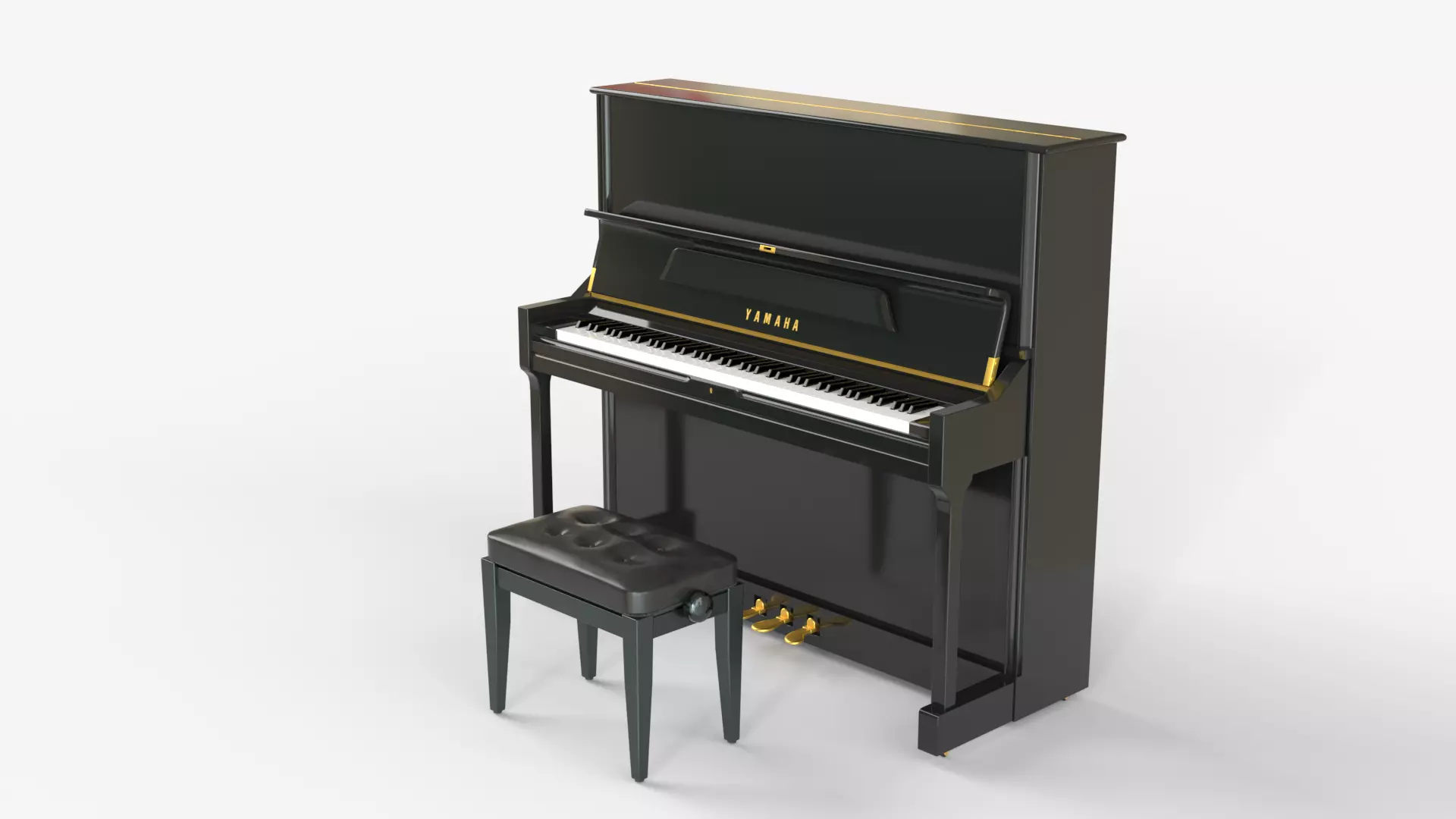 Black Upright Piano with chair 3D model