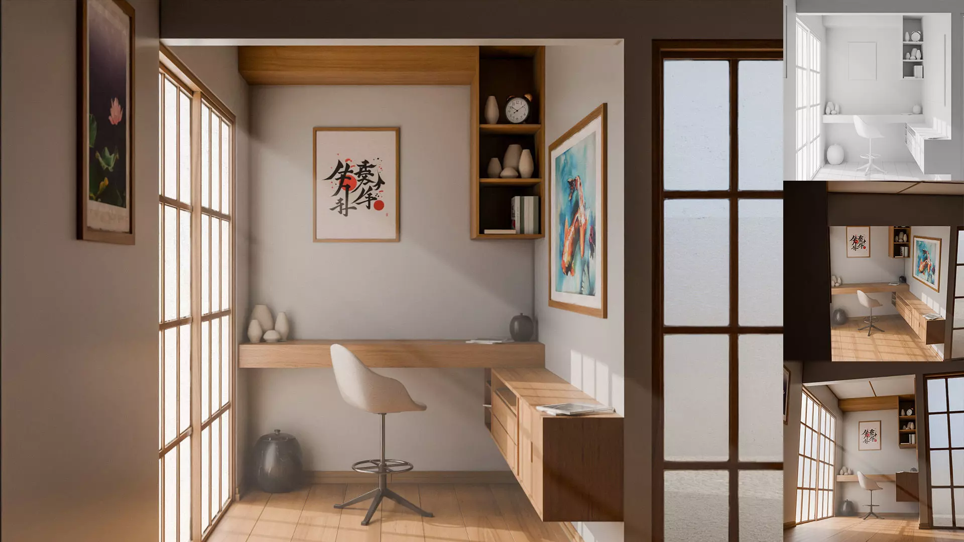 Japanese style room with a desk and chair Low-poly 3D model