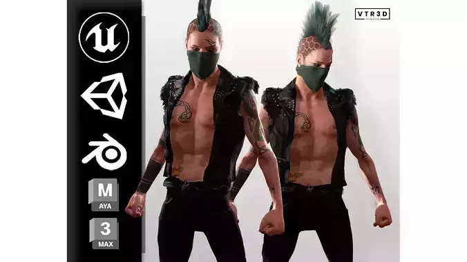 Punk Warrior Stylized Male Game Character Low Poly Realistic