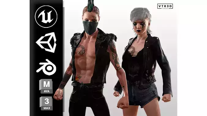 Punk Couple Fully Rigged Male and Female Game Characters Low-poly 3D model