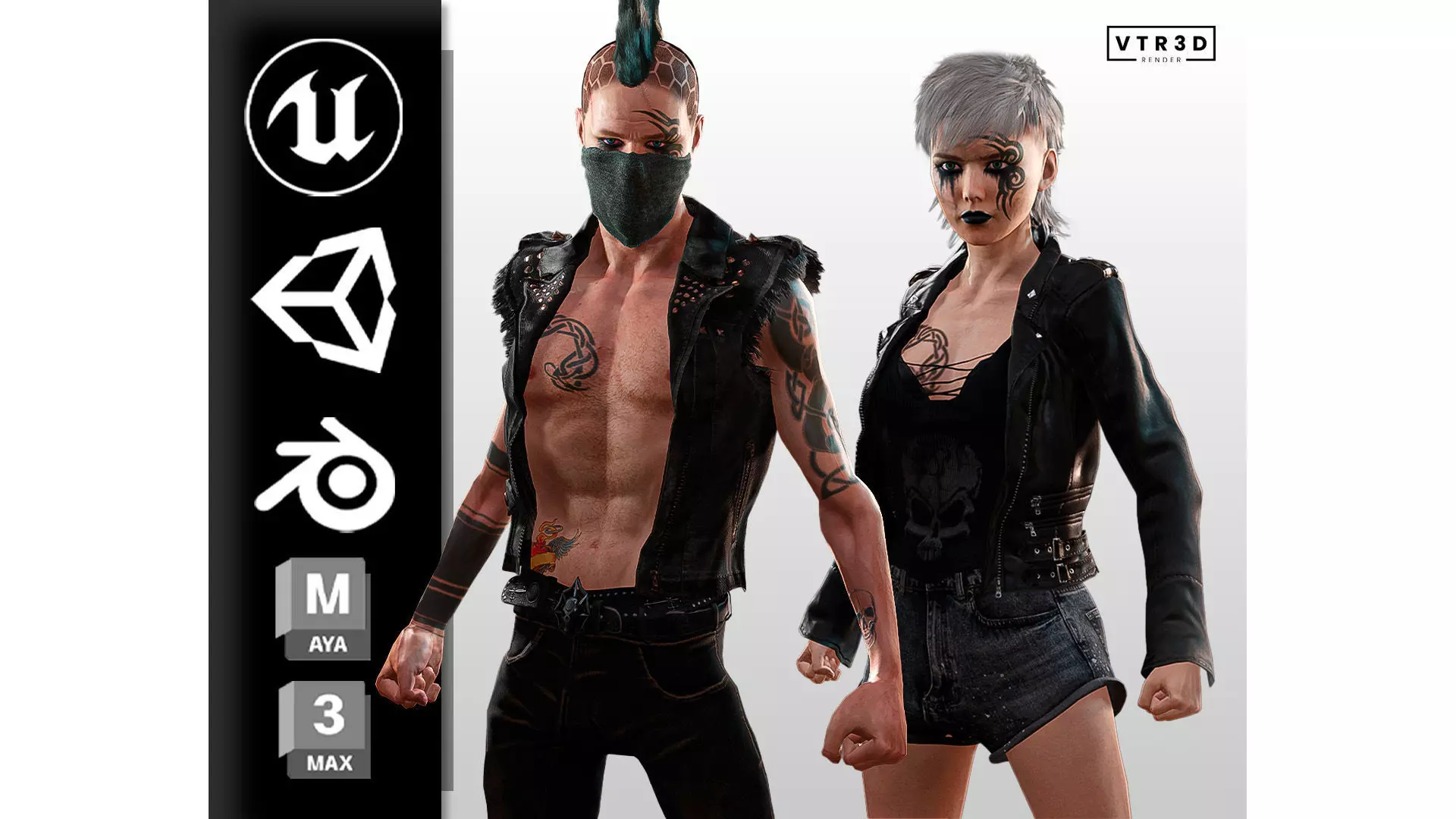 Punk Couple Fully Rigged Male and Female Game Characters Low-poly 3D model_0