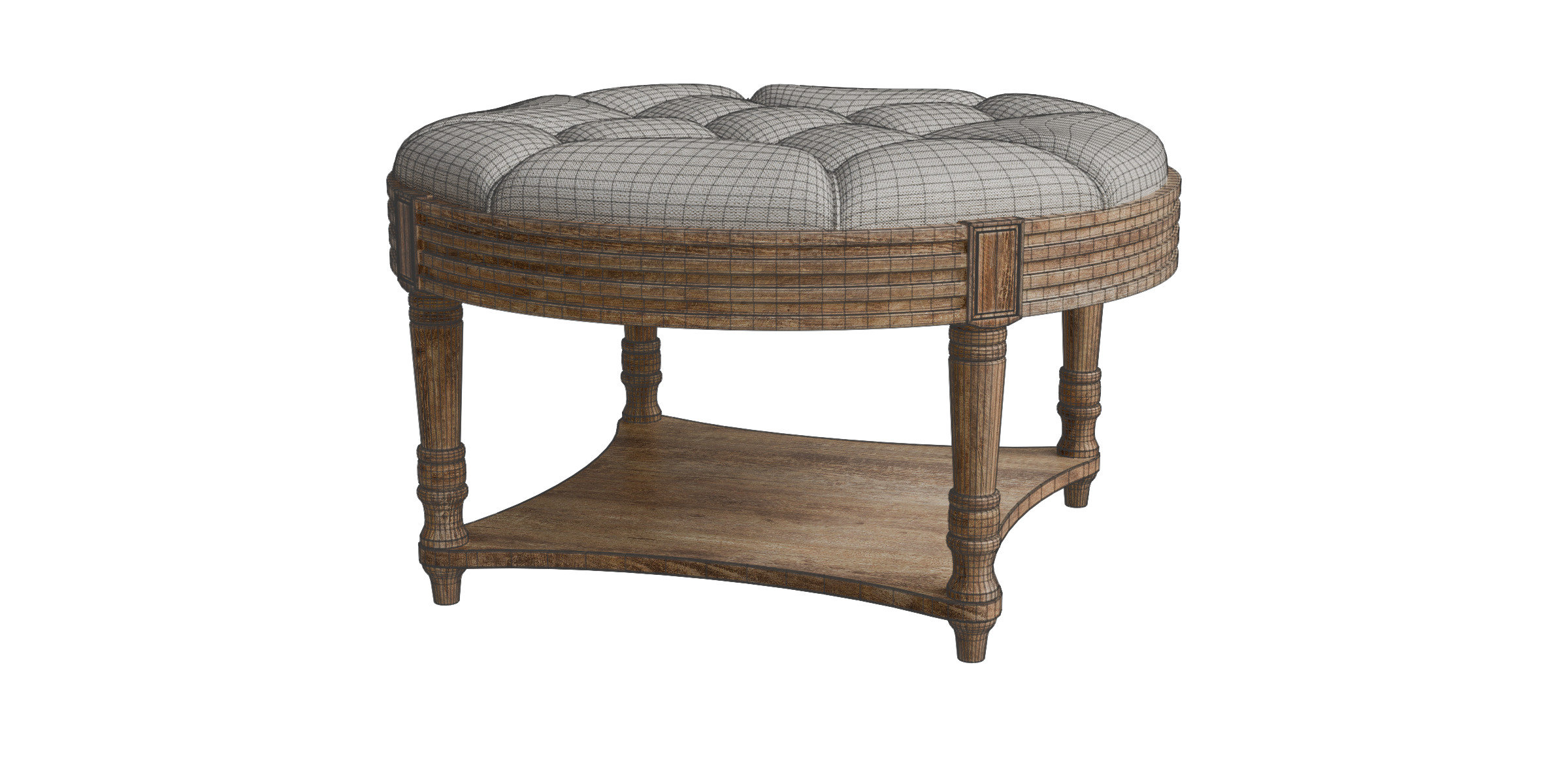Captains Large Round Upholstered Ottoman With Bottom Shelf Low-poly 3D model_4