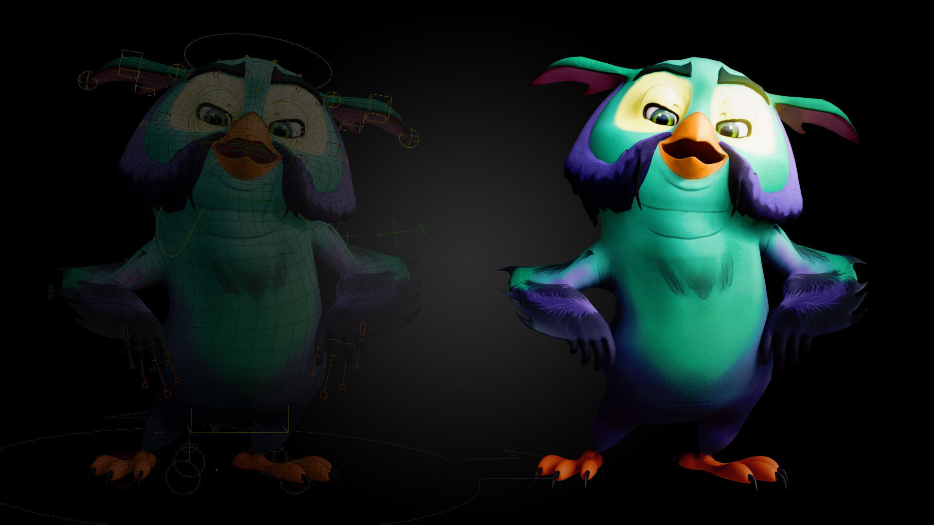 Chibi Owl - 3D green - Rigged Cartoon Bird Low-poly 3D model_8