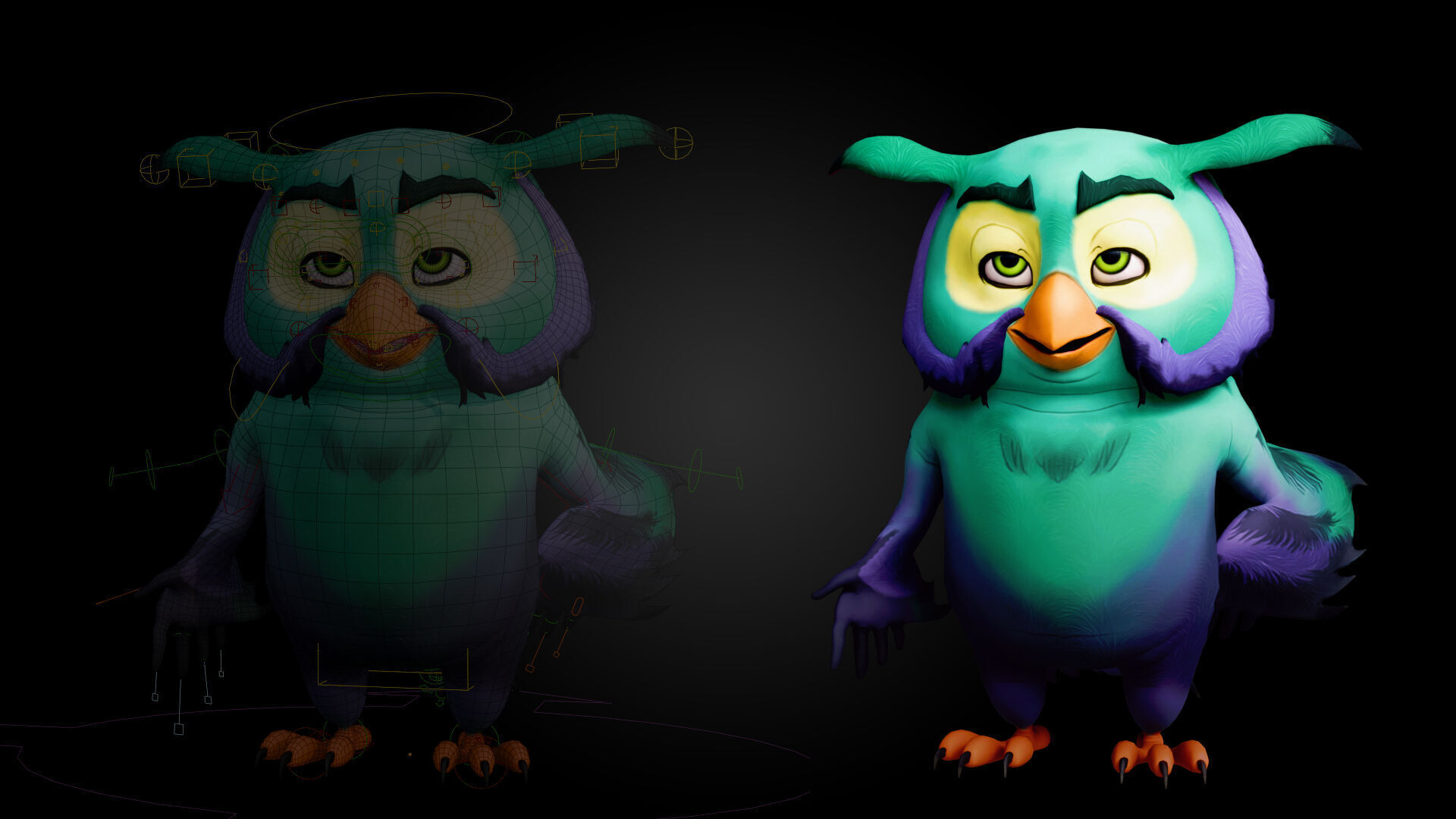 Chibi Owl - 3D green - Rigged Cartoon Bird Low-poly 3D model_9