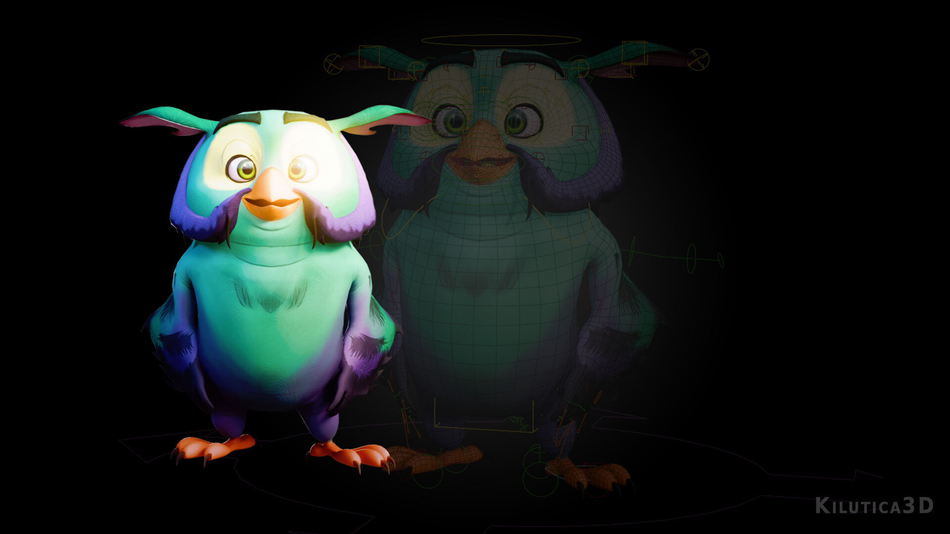 Chibi Owl - 3D green - Rigged Cartoon Bird Low-poly 3D model_6