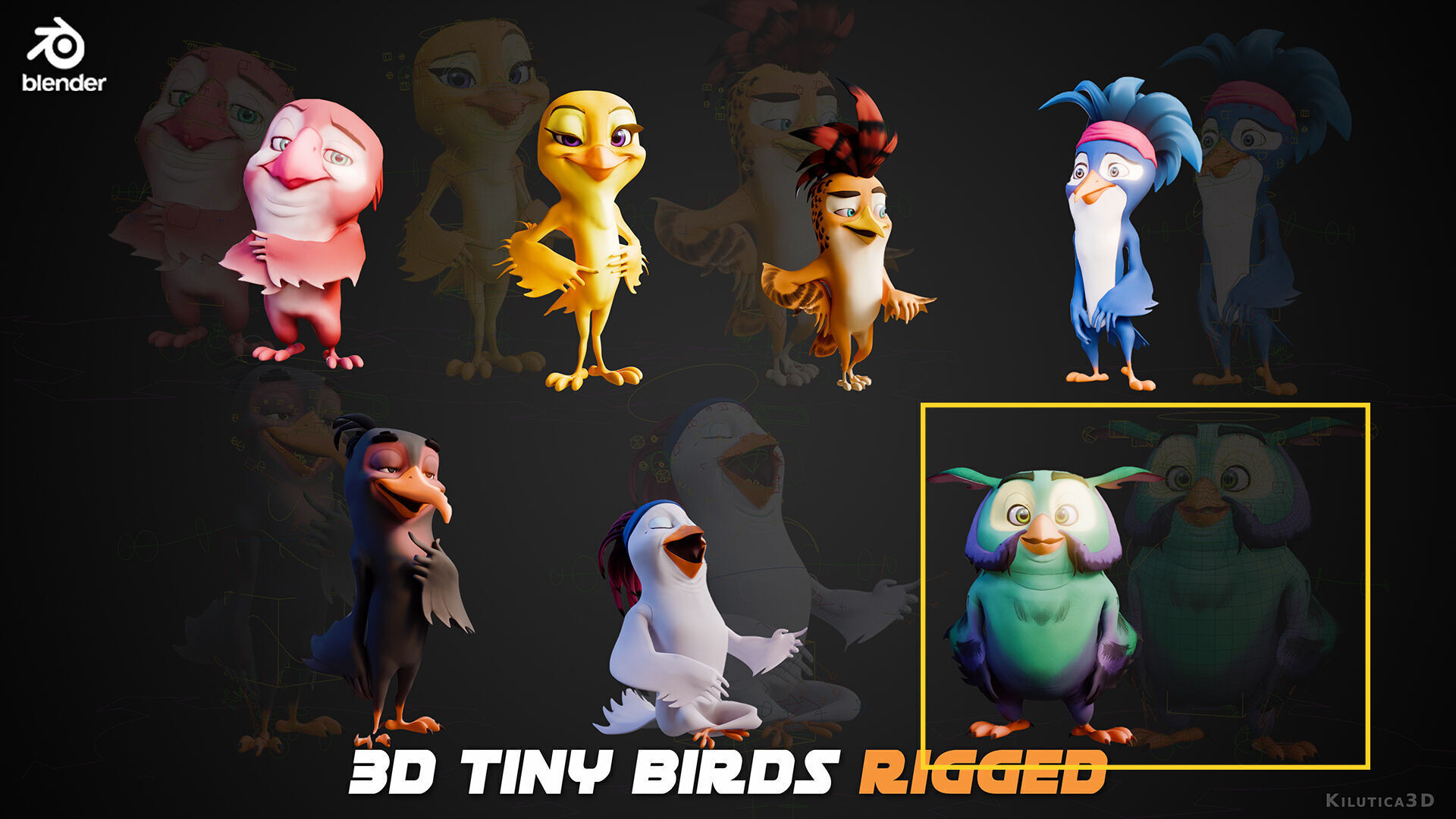 Chibi Owl - 3D green - Rigged Cartoon Bird Low-poly 3D model_3