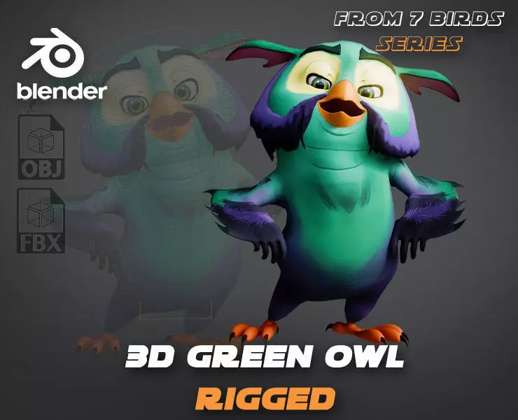 Chibi Owl - 3D green - Rigged Cartoon Bird Low-poly 3D model_0