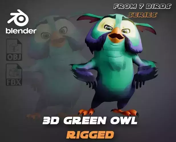 Chibi Owl - 3D green - Rigged Cartoon Bird Low-poly 3D model Chibi Owl - 3D green - Rigged Cartoon Bird Low-poly 3D model