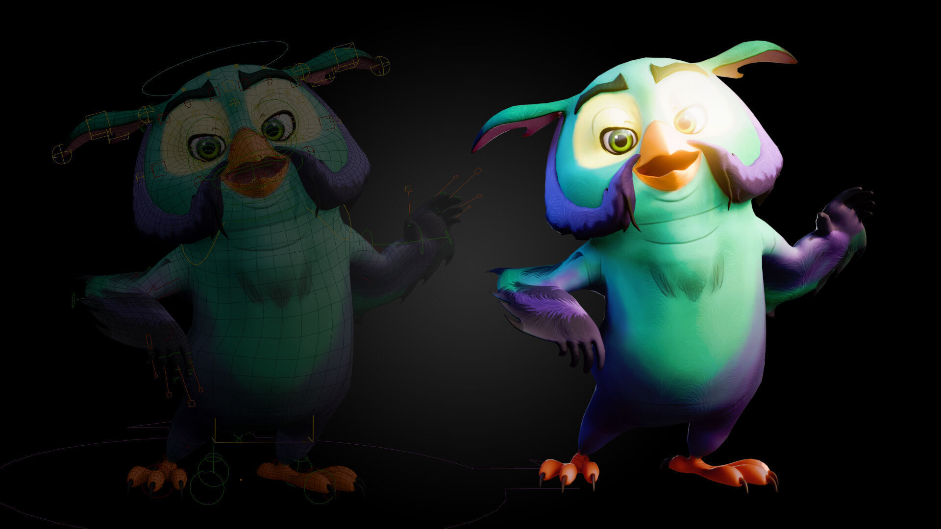 Chibi Owl - 3D green - Rigged Cartoon Bird Low-poly 3D model_7