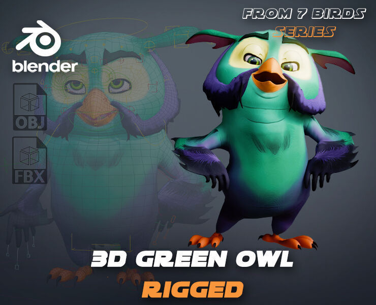 Chibi Owl - 3D green - Rigged Cartoon Bird Low-poly 3D model_5