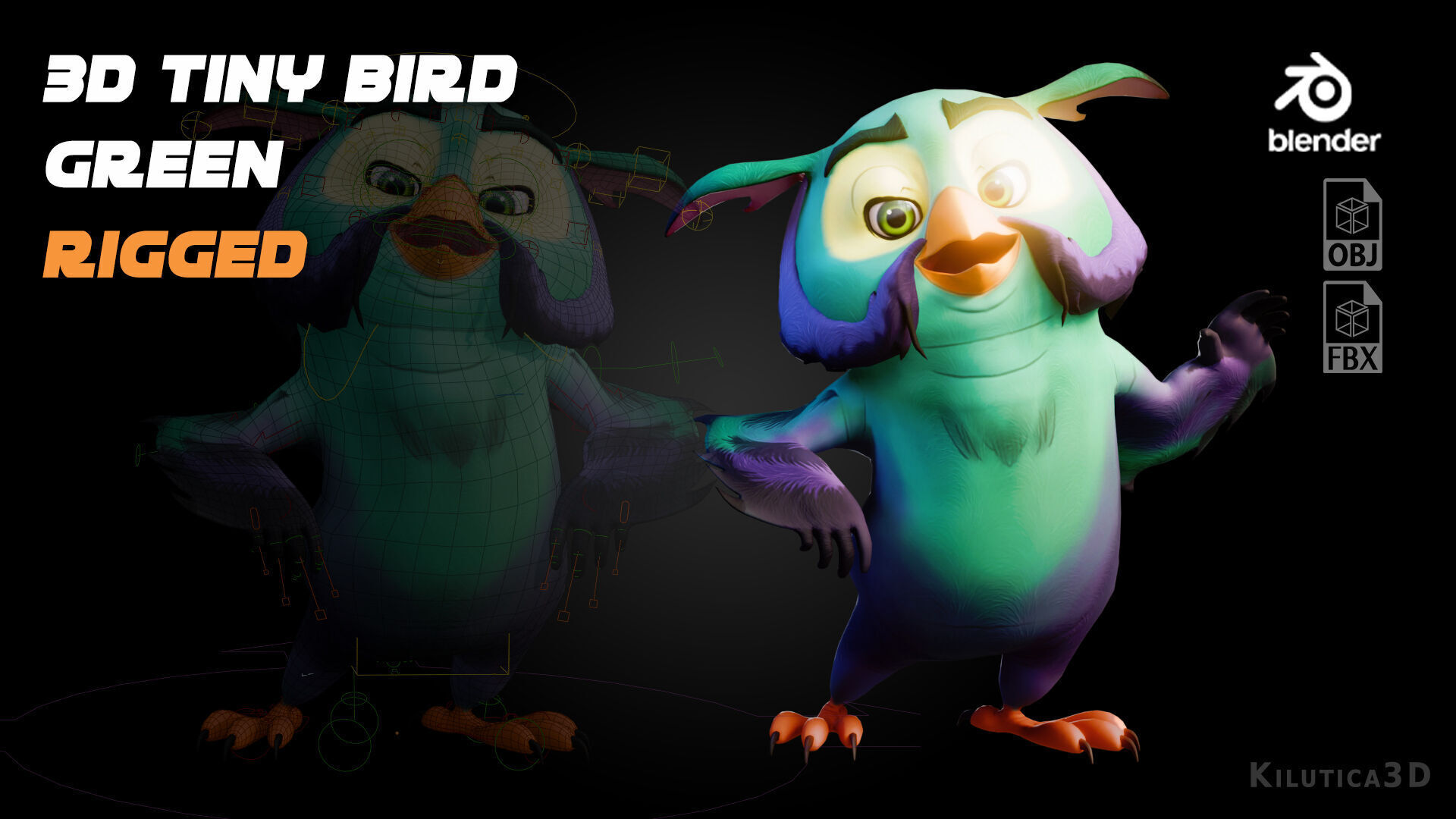 Chibi Owl - 3D green - Rigged Cartoon Bird Low-poly 3D model_4
