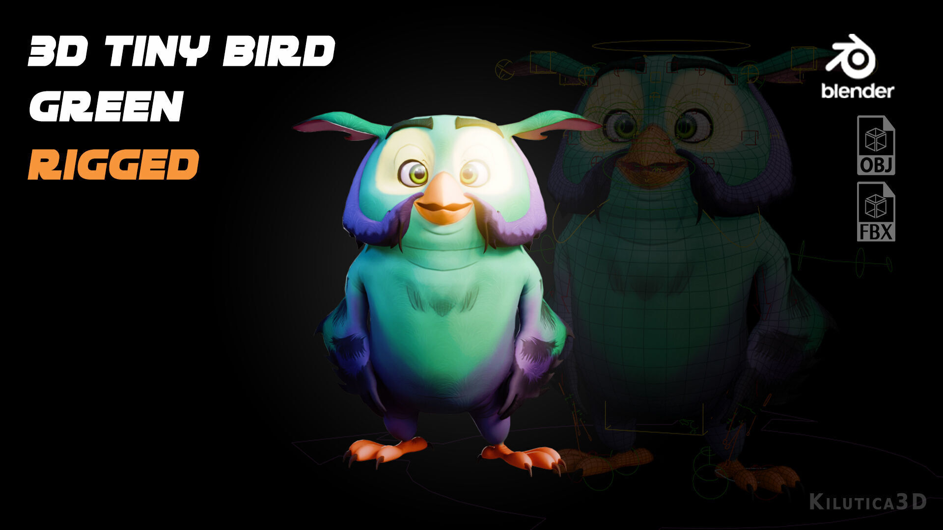 Chibi Owl - 3D green - Rigged Cartoon Bird Low-poly 3D model_17