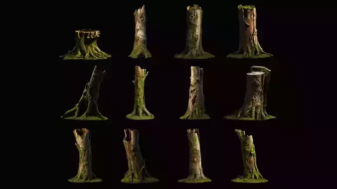 Mossy Tree Trunks Snags Pack Low-poly 3D model