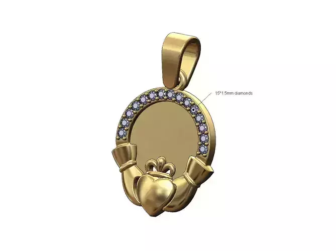 Diamond halo Gladdagh heart crown engravable pendant with bail