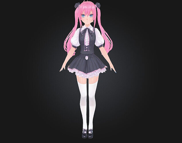 Pink-Haired Anime Girl with Blue Bows 3D model