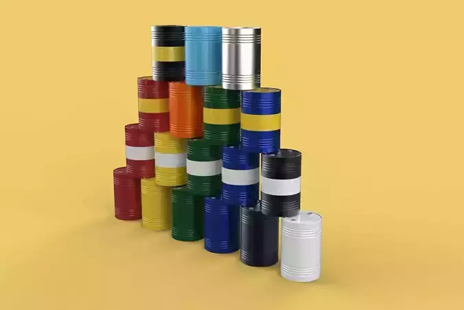 STACKED VARIOUS COLOR FUEL OIL STEEL DRUM GALLON BARREL GAS TANK