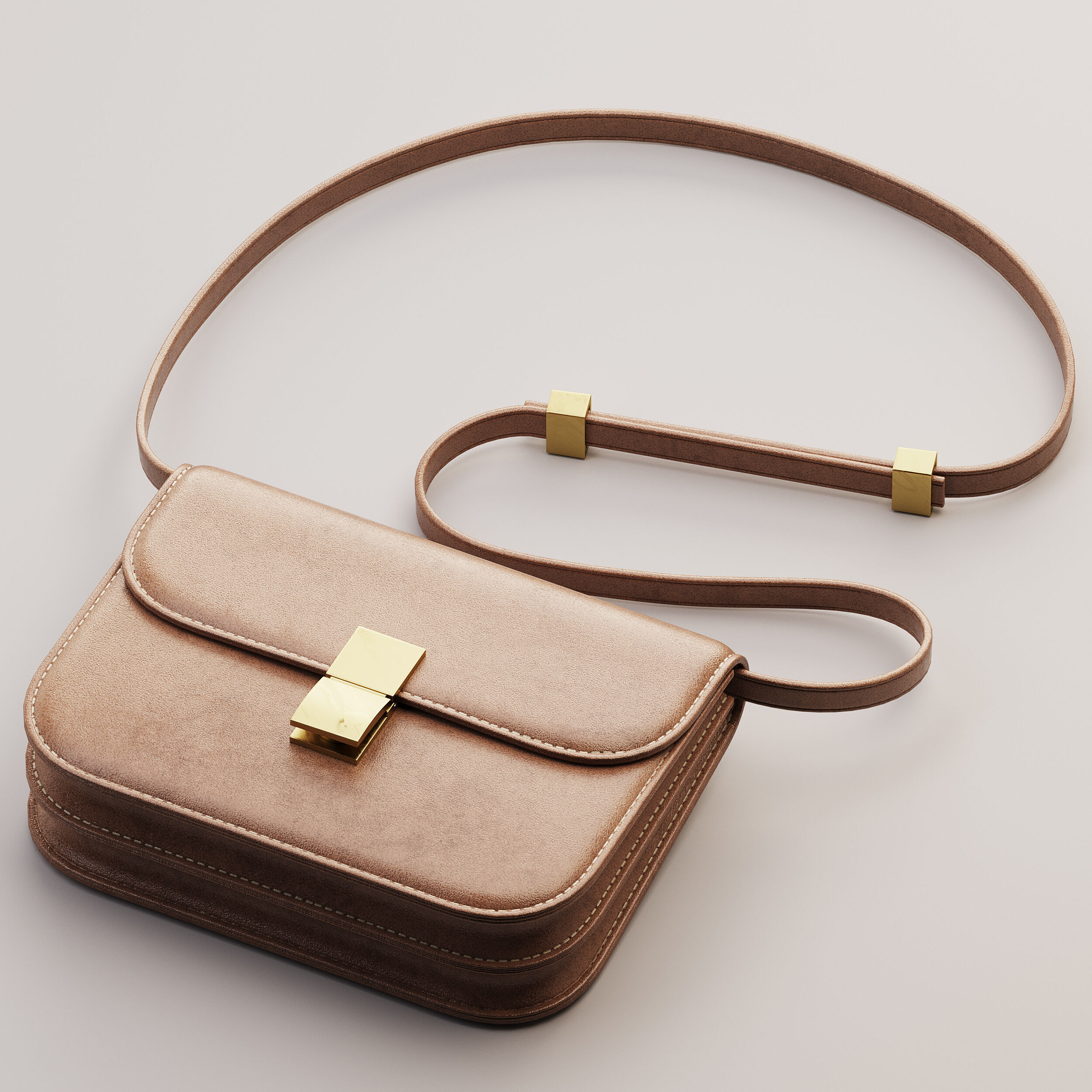 Brown Flap Genuine Leather Square Shoulder Message Bag 3D model_12