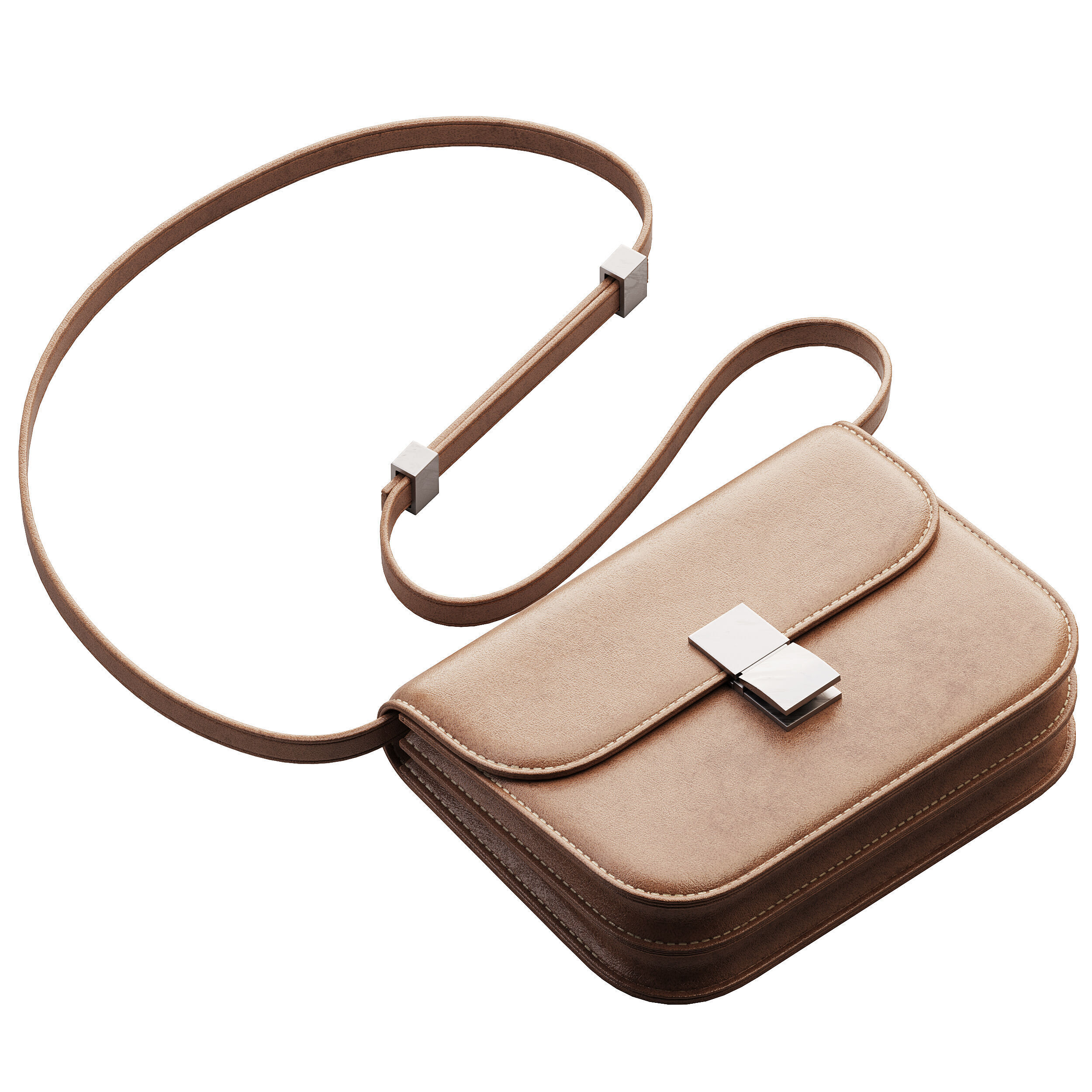 Brown Flap Genuine Leather Square Shoulder Message Bag 3D model_10