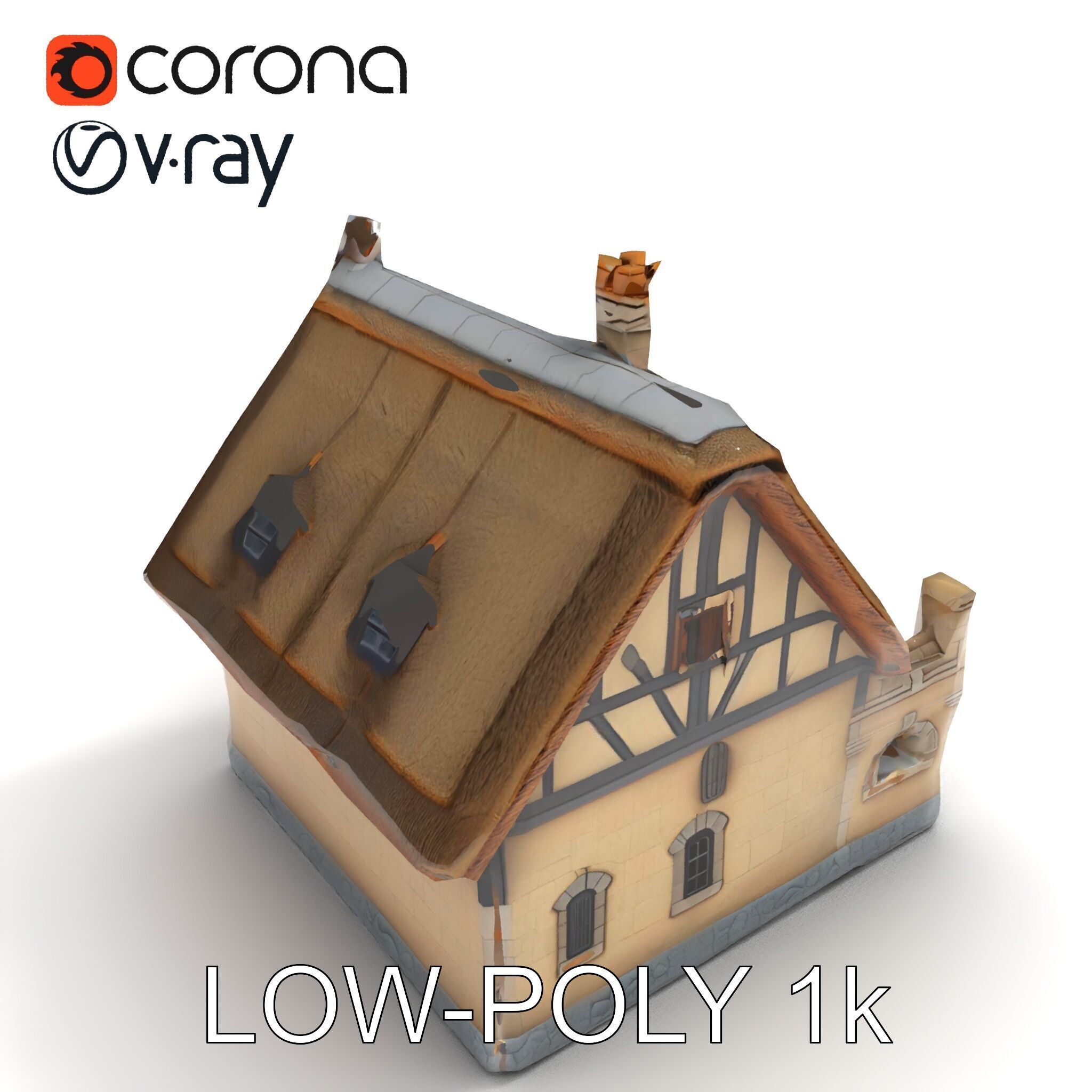 Cozy Cottage Model Pack with Detailed Thatched Roof Low-poly 3D model_27