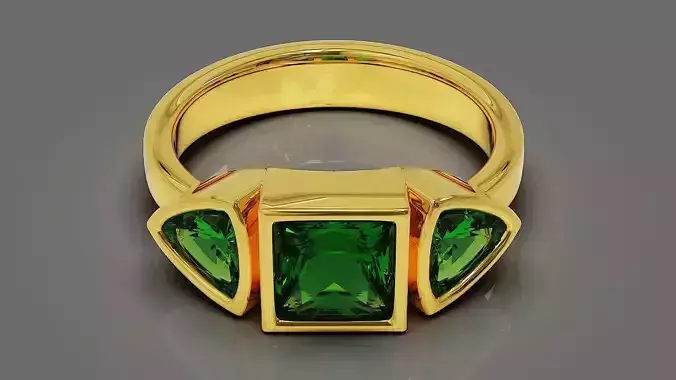 Bezel set princess and trillion shape diamond three stone ring