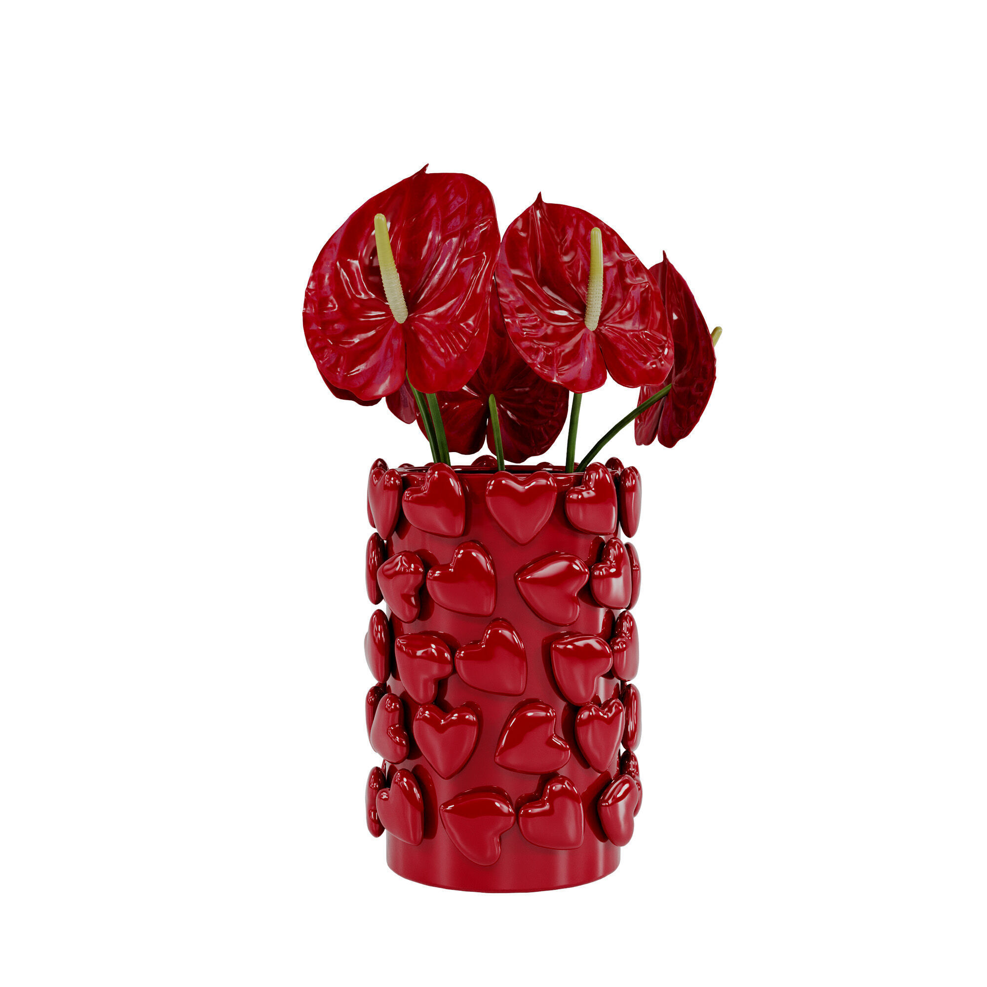 Bouquet of red anthurium in a red clay vase 3D model_2