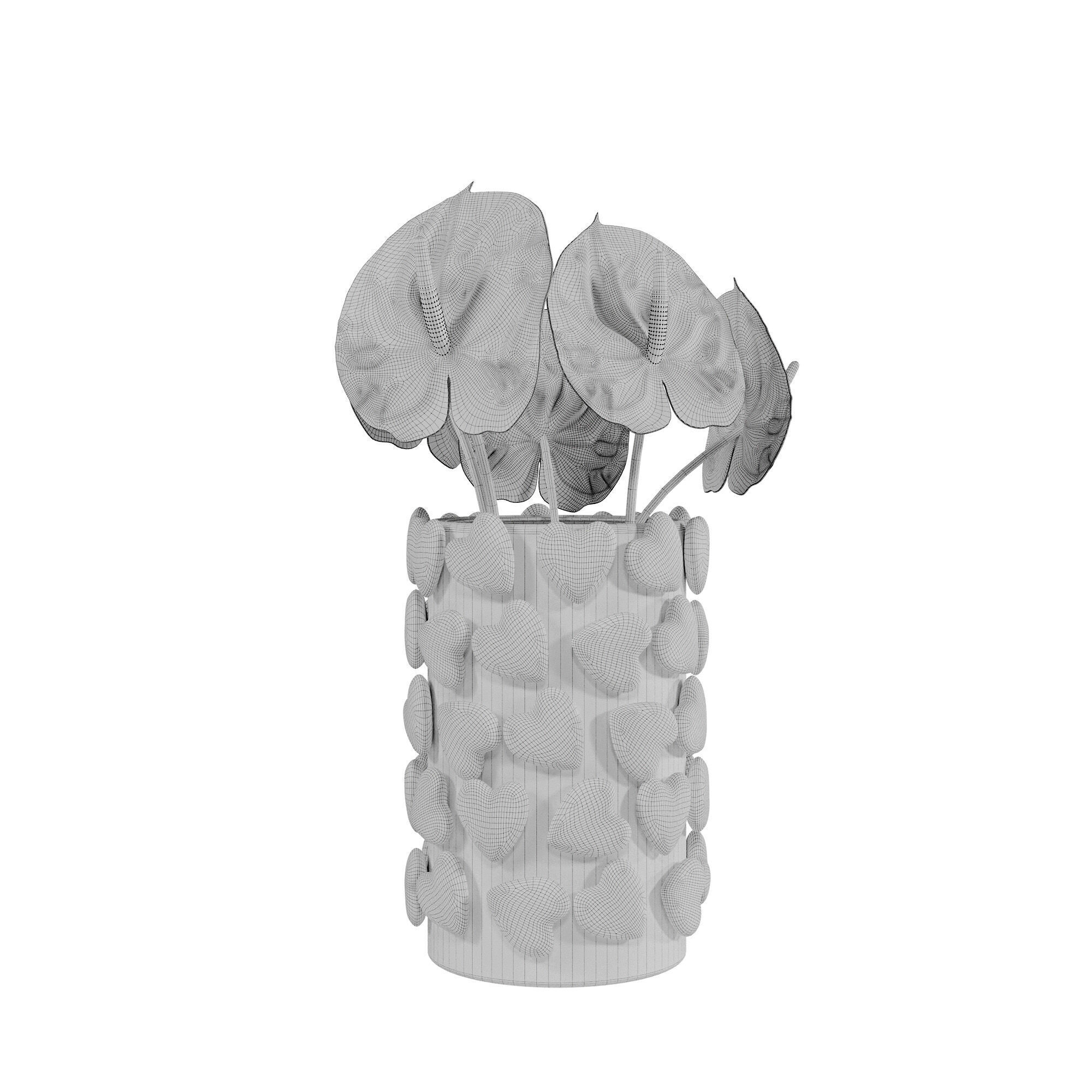 Bouquet of red anthurium in a red clay vase 3D model_6